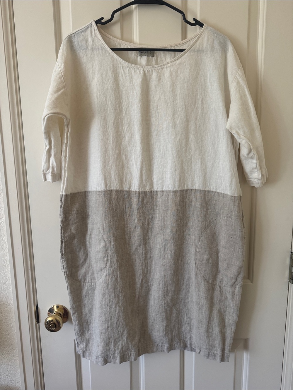 Two-Tone Midi Linen Blend Dress in White and Taupe